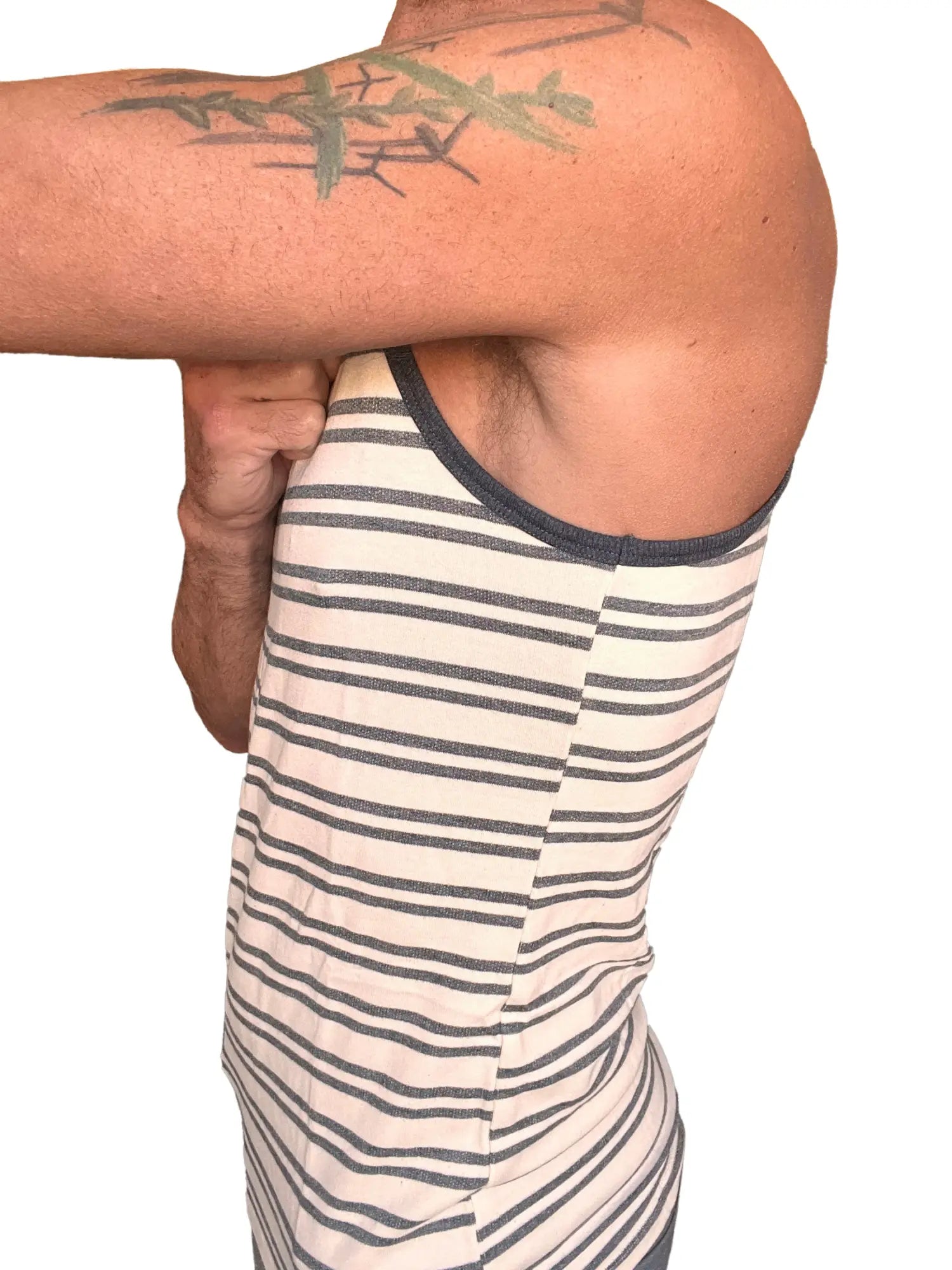 Striped tank top with horizontal navy and off-white stripes dark gray fleece fabric and a dark blue ribbed neckline