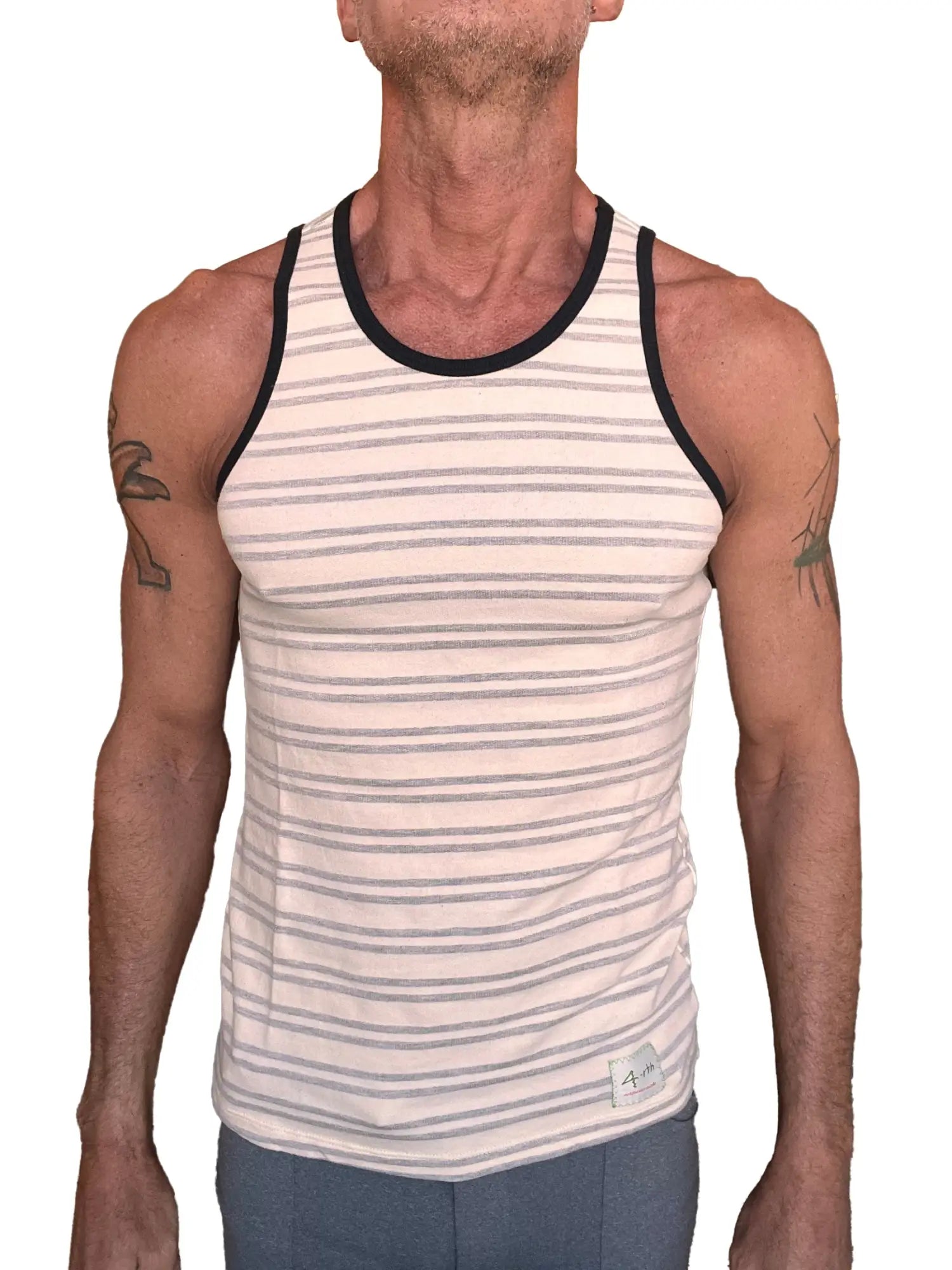 A men’s yummy nautical fleece sustain tank top in light gray stripe with cream and gray horizontal stripes and black ribbed trim
