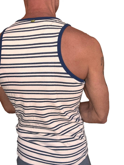 Yummy nautical fleece sustain tank top in navy stripe with ribbed blue trim on neckline and armholes