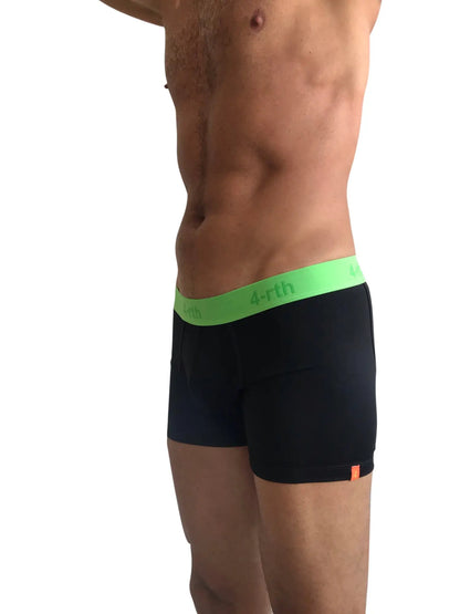 Black zen boxer brief with bright green 4-rth waistband and orange side tag for comfortable daily wear