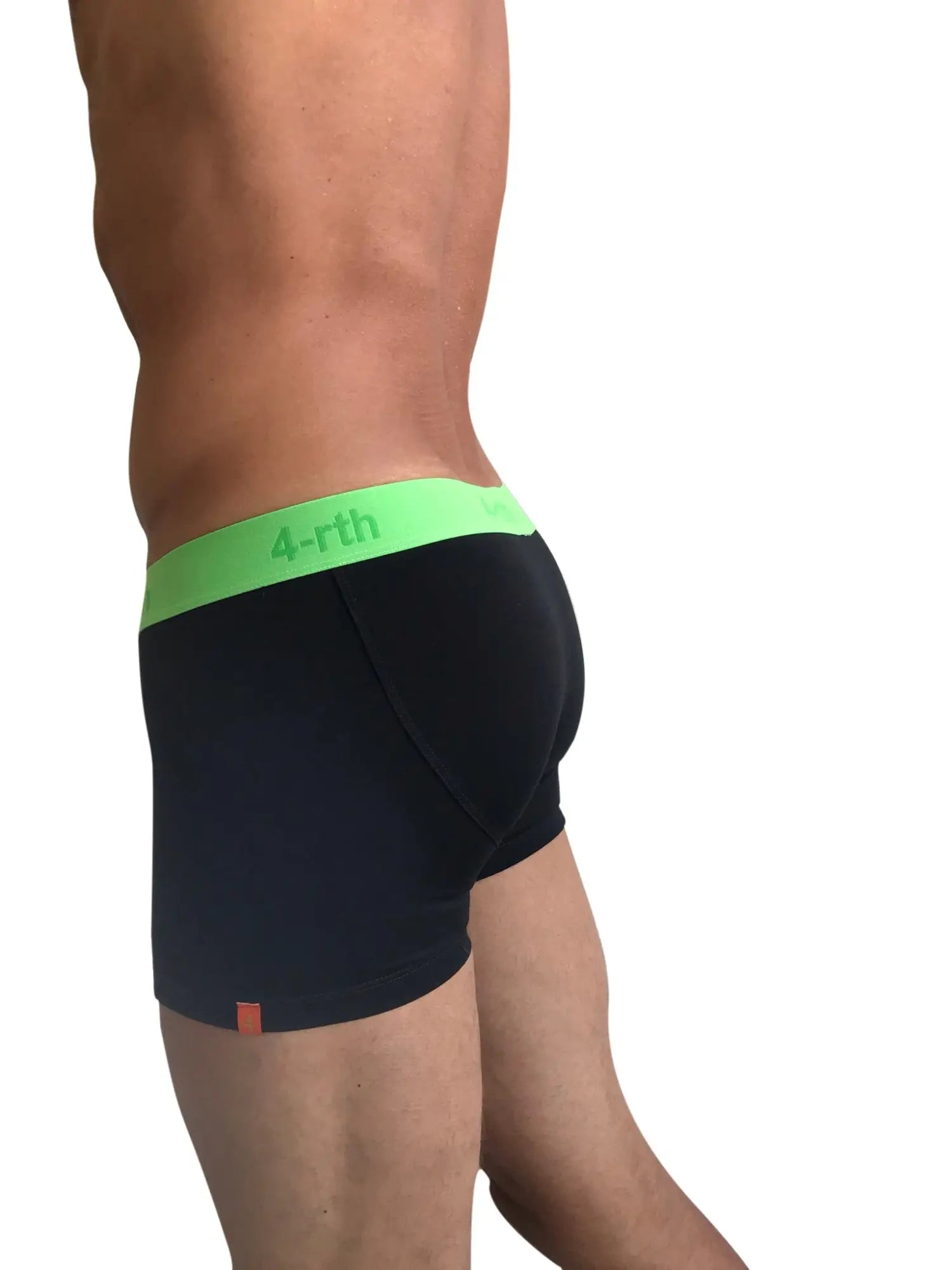 Black zen boxer brief with bright green waistband and matching 4-rth logo for comfortable everyday wear