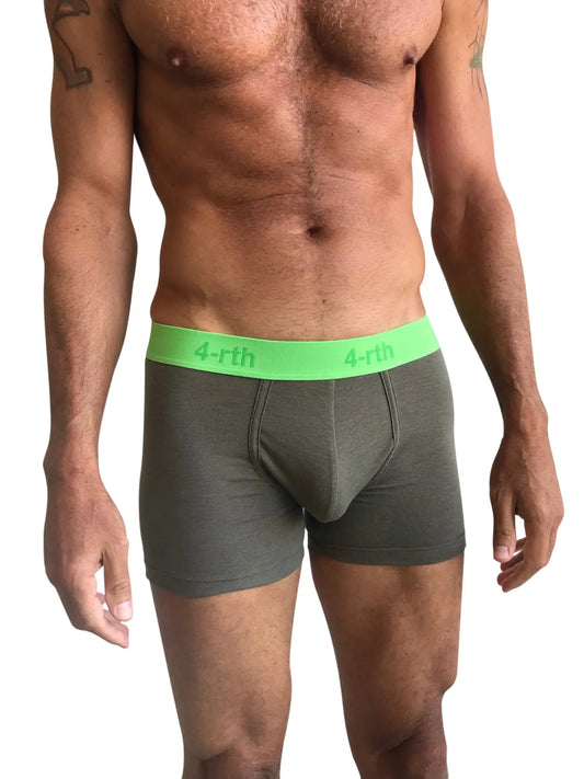 Olive green 4-rth brand zen boxer brief with a bright lime green waistband in rainforest army green color