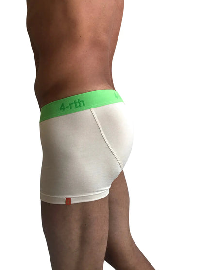 White boxer briefs with bright green 4-rth logo waistband designed for comfort in the zen boxer brief sand beige line