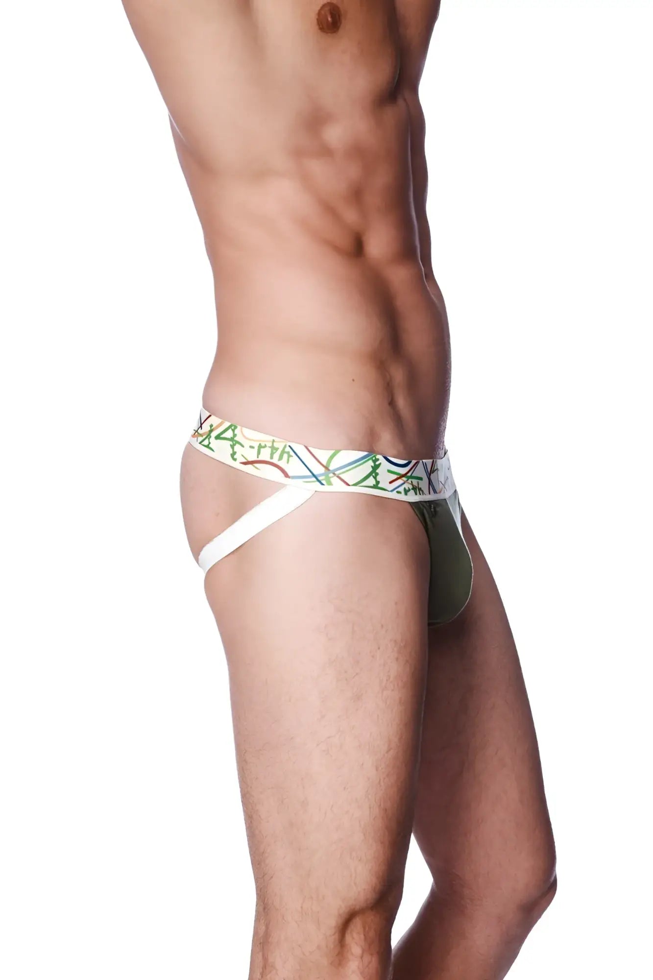 Olive green and white patterned zen jock strap briefs with colorful abstract waistband lines for men