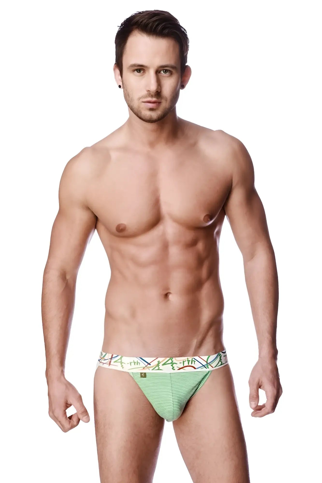 Zen jock strap in light green striped fabric with a colorful geometric patterned waistband front view
