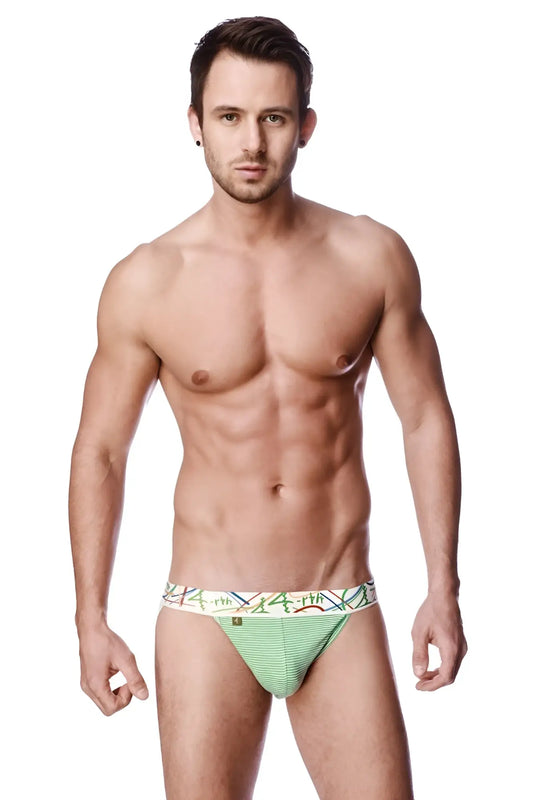 Zen jock strap in light green striped fabric with a colorful geometric patterned waistband front view