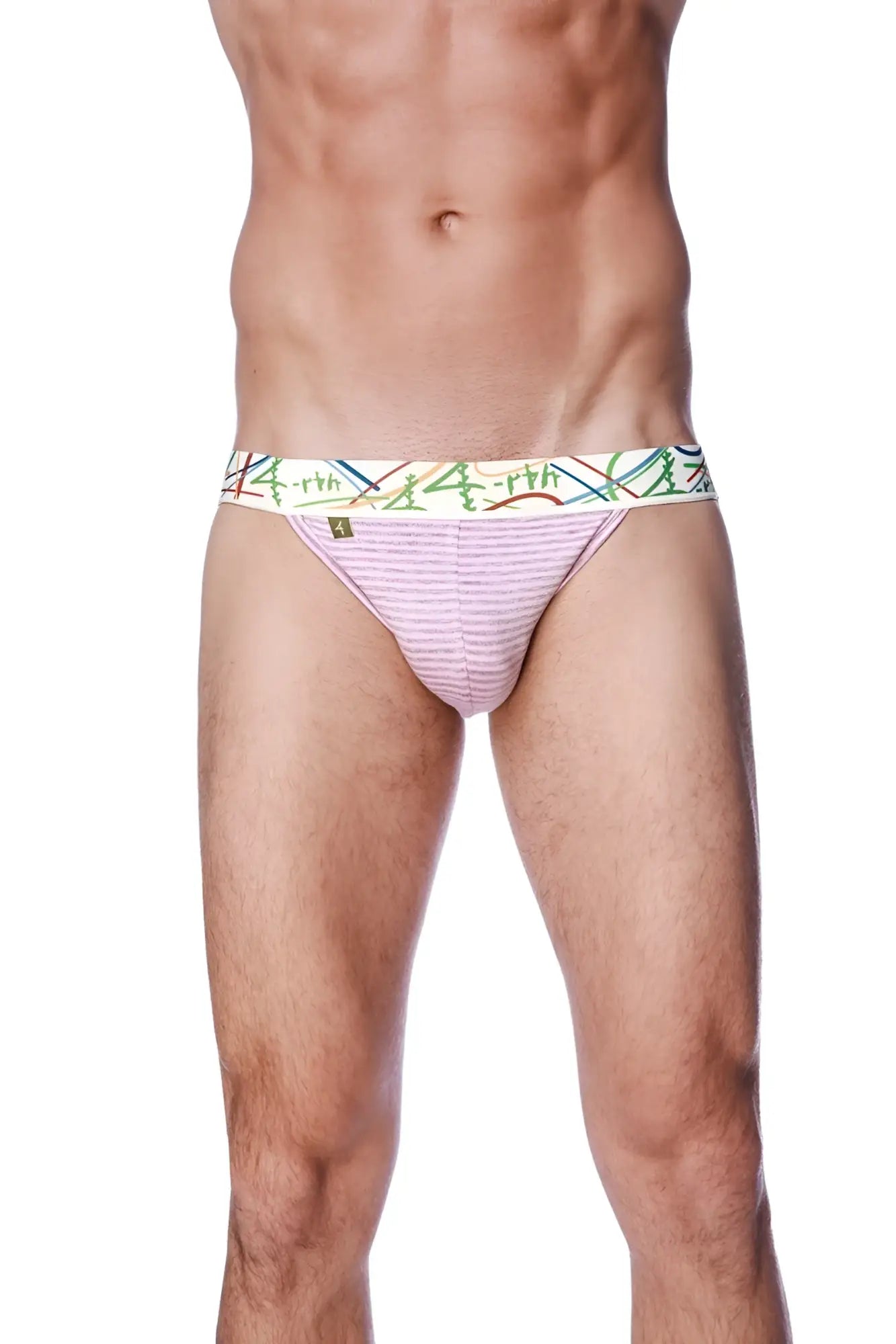Pink striped zen jock strap briefs with a colorful abstract patterned waistband designed for comfortable support