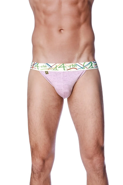 Pink striped zen jock strap briefs with a colorful abstract patterned waistband designed for comfortable support