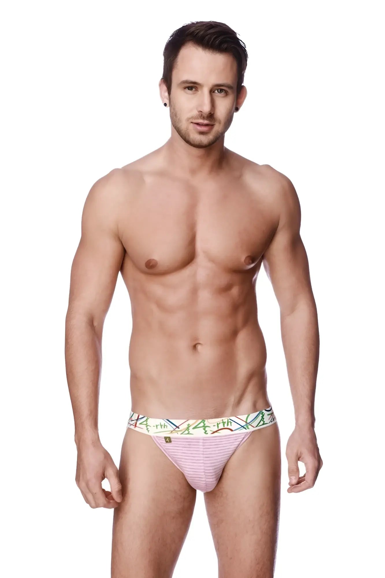 Men’s pink striped zen jock strap briefs with a colorful bamboo patterned waistband for comfortable wear