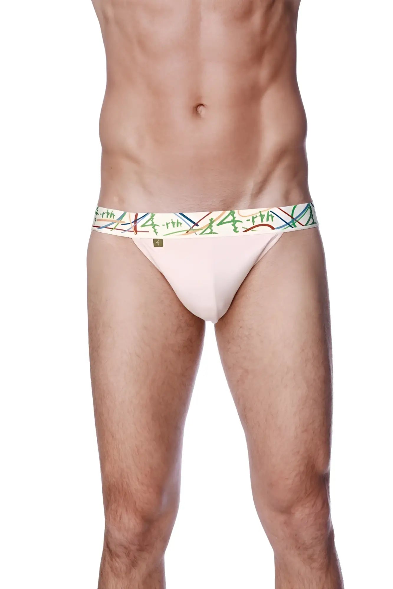 Pink cotton zen jock strap briefs with a colorful earth patterned waistband for comfortable daily wear