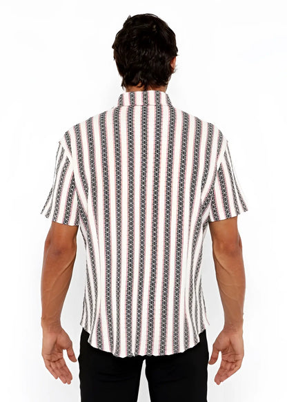 A man wearing a zigzag stripe open stretch knit short-sleeved shirt with white black and gray chain-like pattern