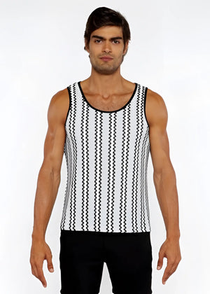 Black and white zigzag stripes open knit tank top with rounded neckline in a breathable knit fabric