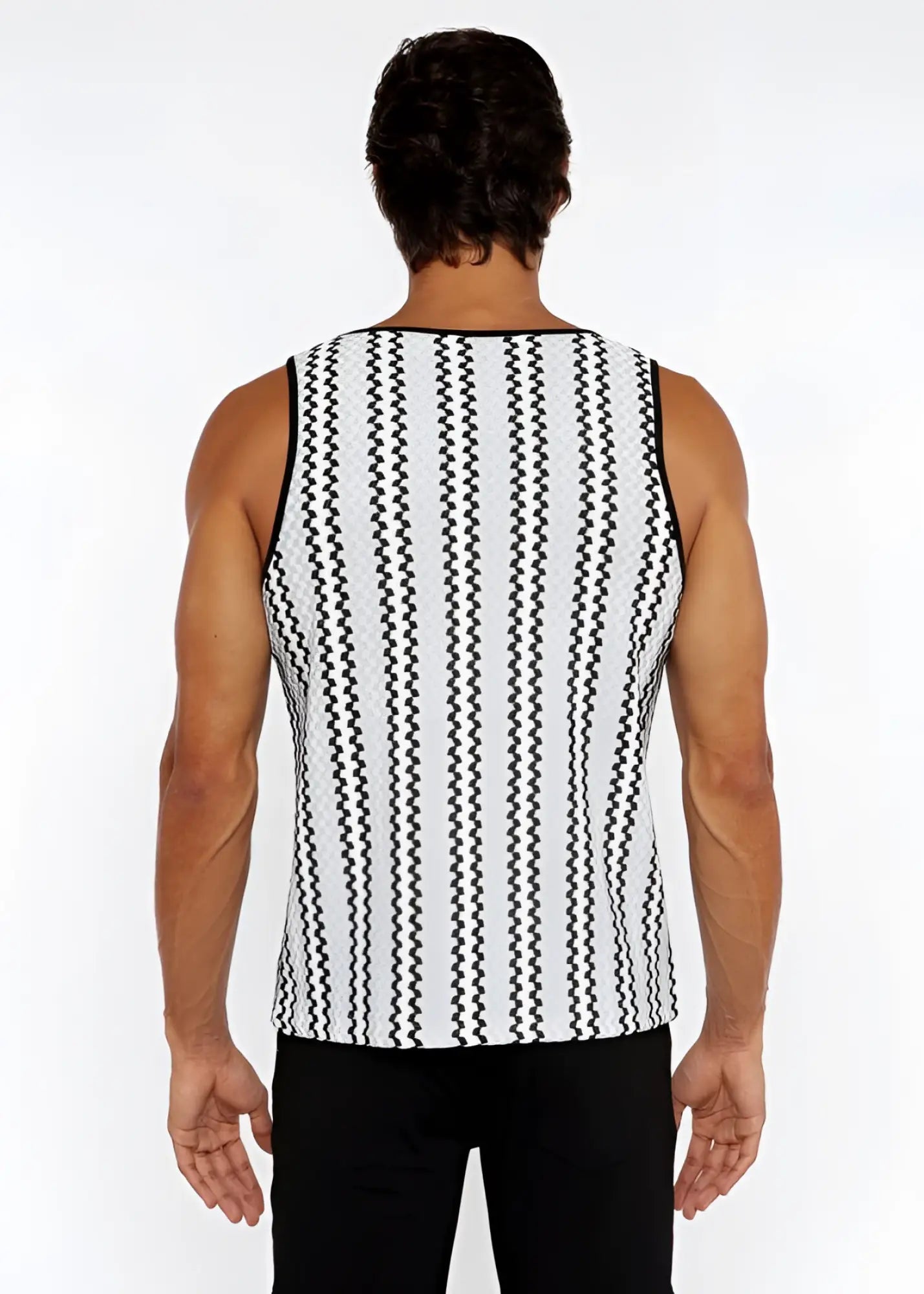 Black and white vertically striped knit tank top with a textured wavy pattern and open knit design