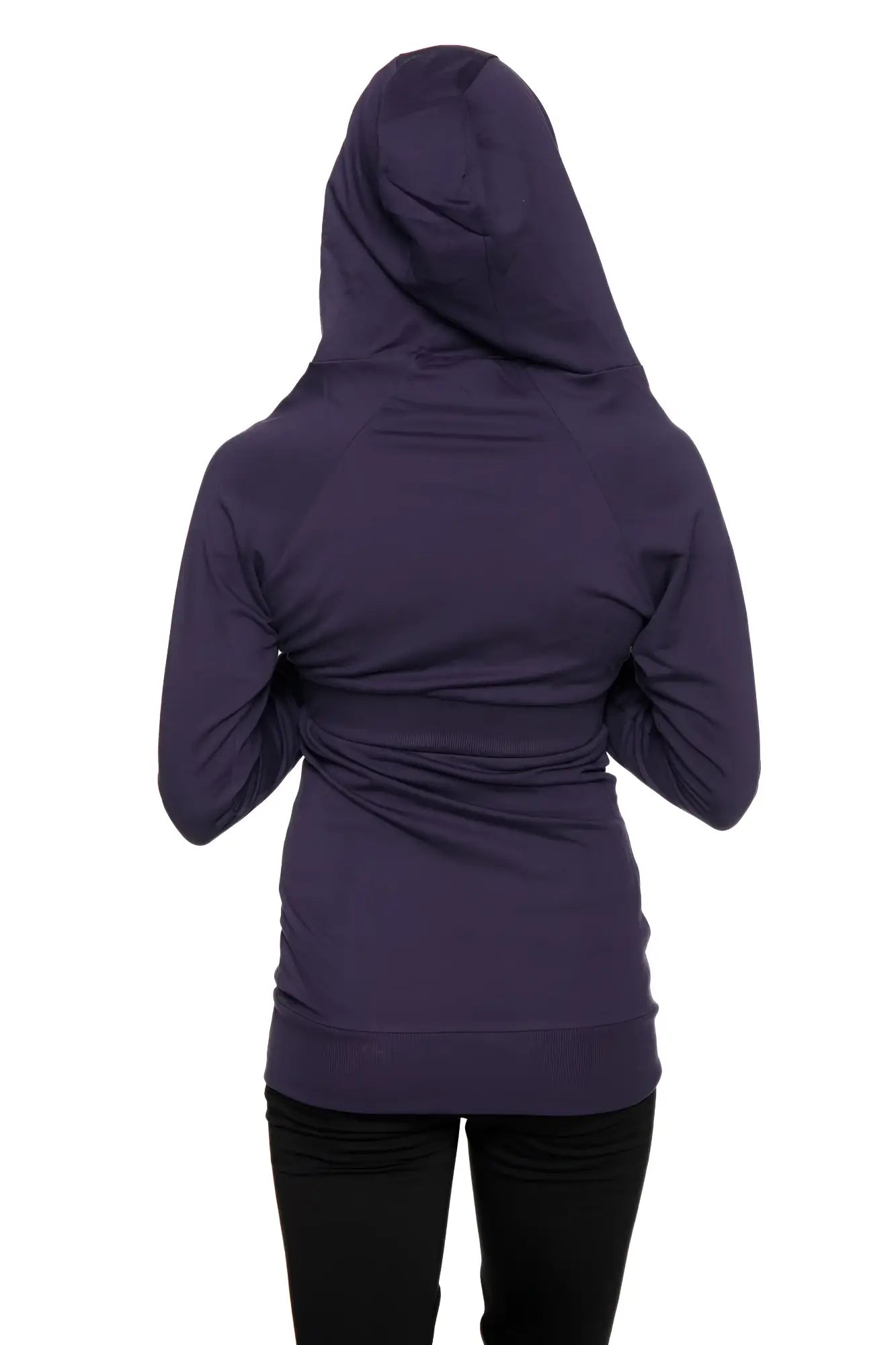 A dark purple zip-up long body travel hoodie jacket with long sleeves a hood and gathered waistband