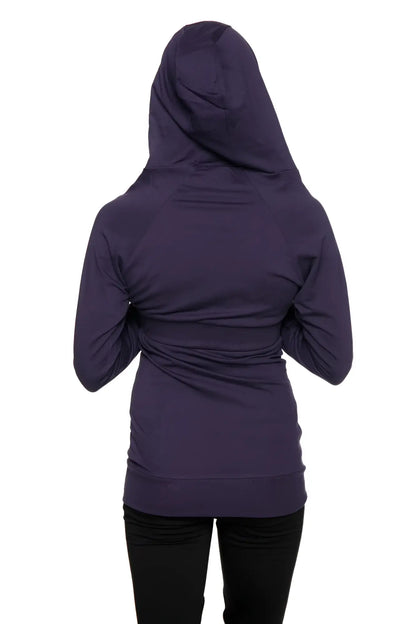 A dark purple zip-up long body travel hoodie jacket with long sleeves a hood and gathered waistband