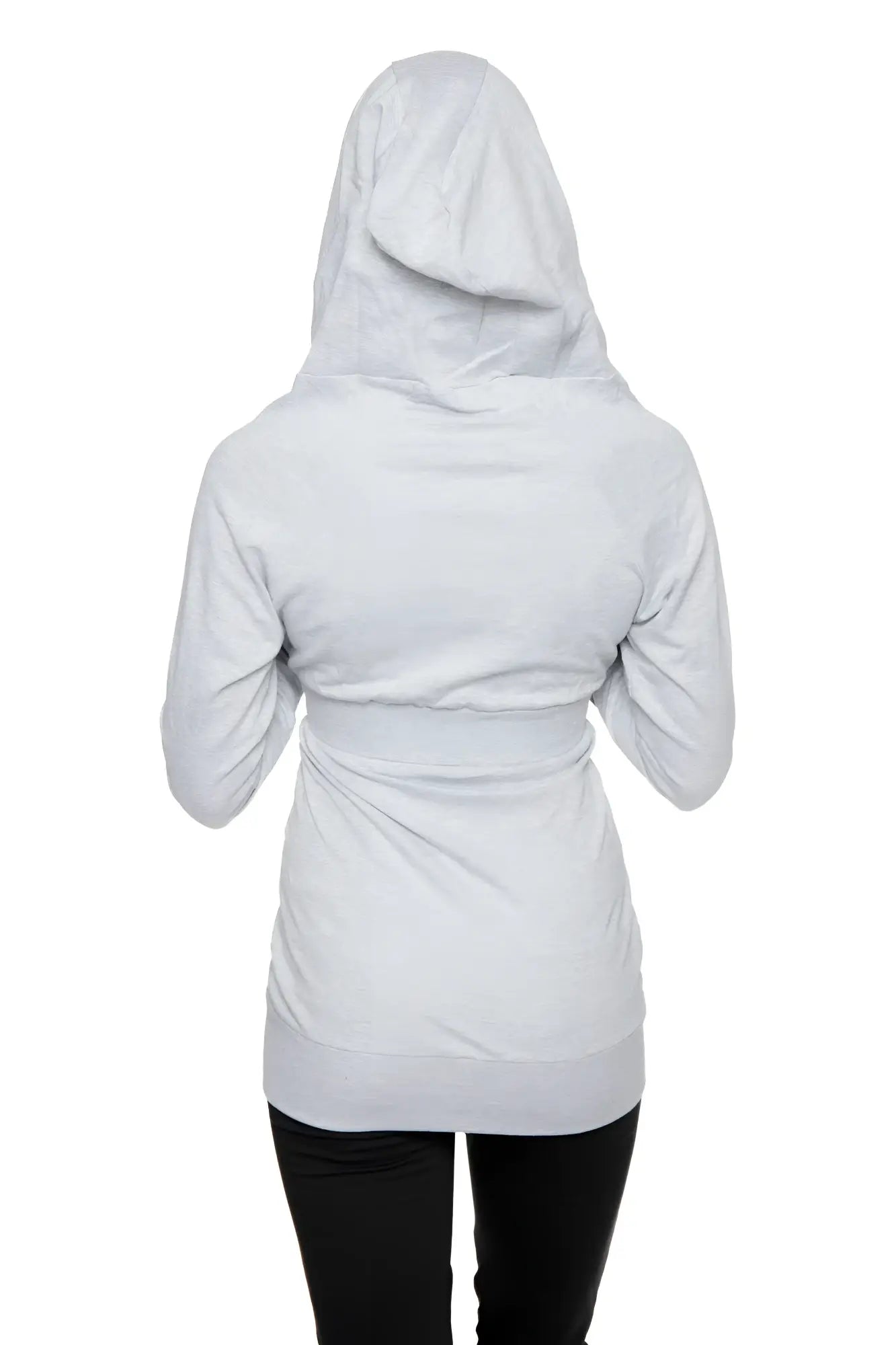 A light gray zip-up long body travel hoodie jacket with a cinched waistband and long sleeves