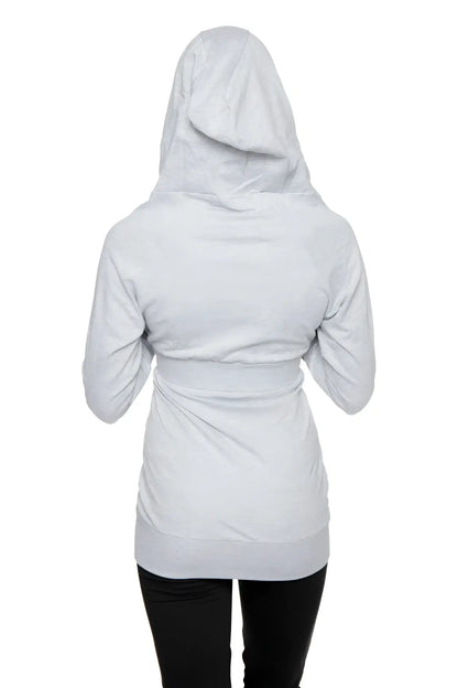 A light gray zip-up long body travel hoodie jacket with a cinched waistband and long sleeves