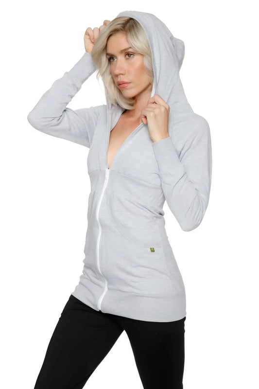 Light gray zip-up long body travel hoodie jacket made of soft stretchy fabric with subtle texture