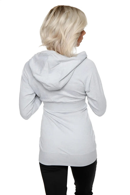 A soft heather grey zip-up long body travel hoodie jacket with a relaxed fit and subtle ruching at the waist
