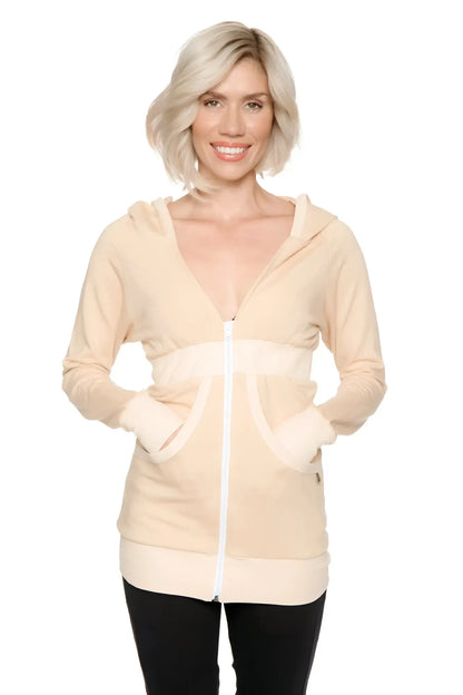 Beige zip-up long body travel hoodie jacket with white zipper and matching ribbed cuffs waistband and hem