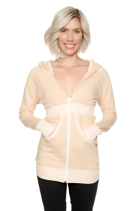 Beige zip-up long body travel hoodie jacket with white zipper and matching ribbed cuffs waistband and hem