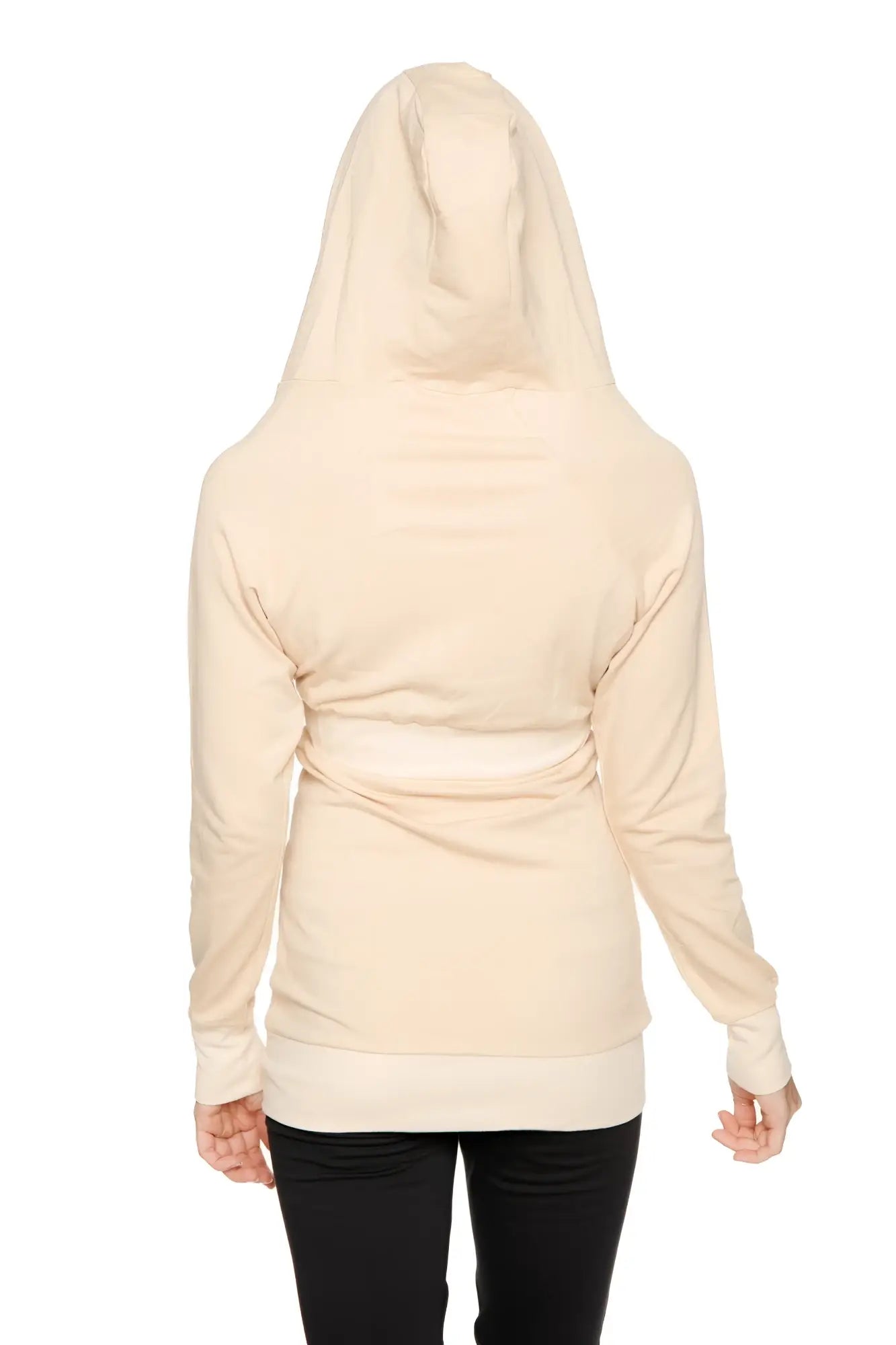 Cream-colored zip-up long body travel hoodie jacket with hood ribbed waistband and cuffs in sand beige
