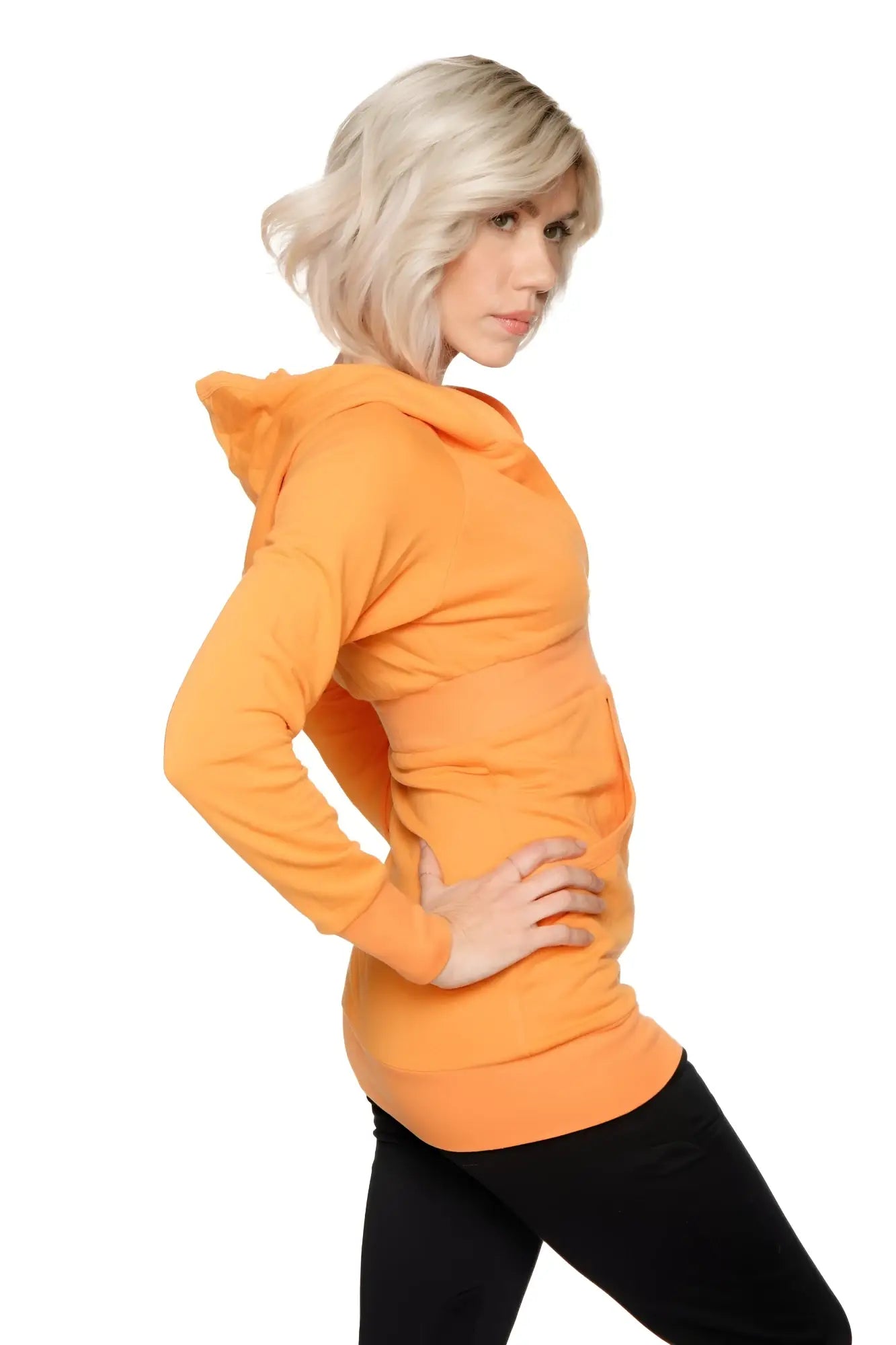 Sun orange zip-up long body travel hoodie jacket with hood long sleeves and front pocket in soft fabric