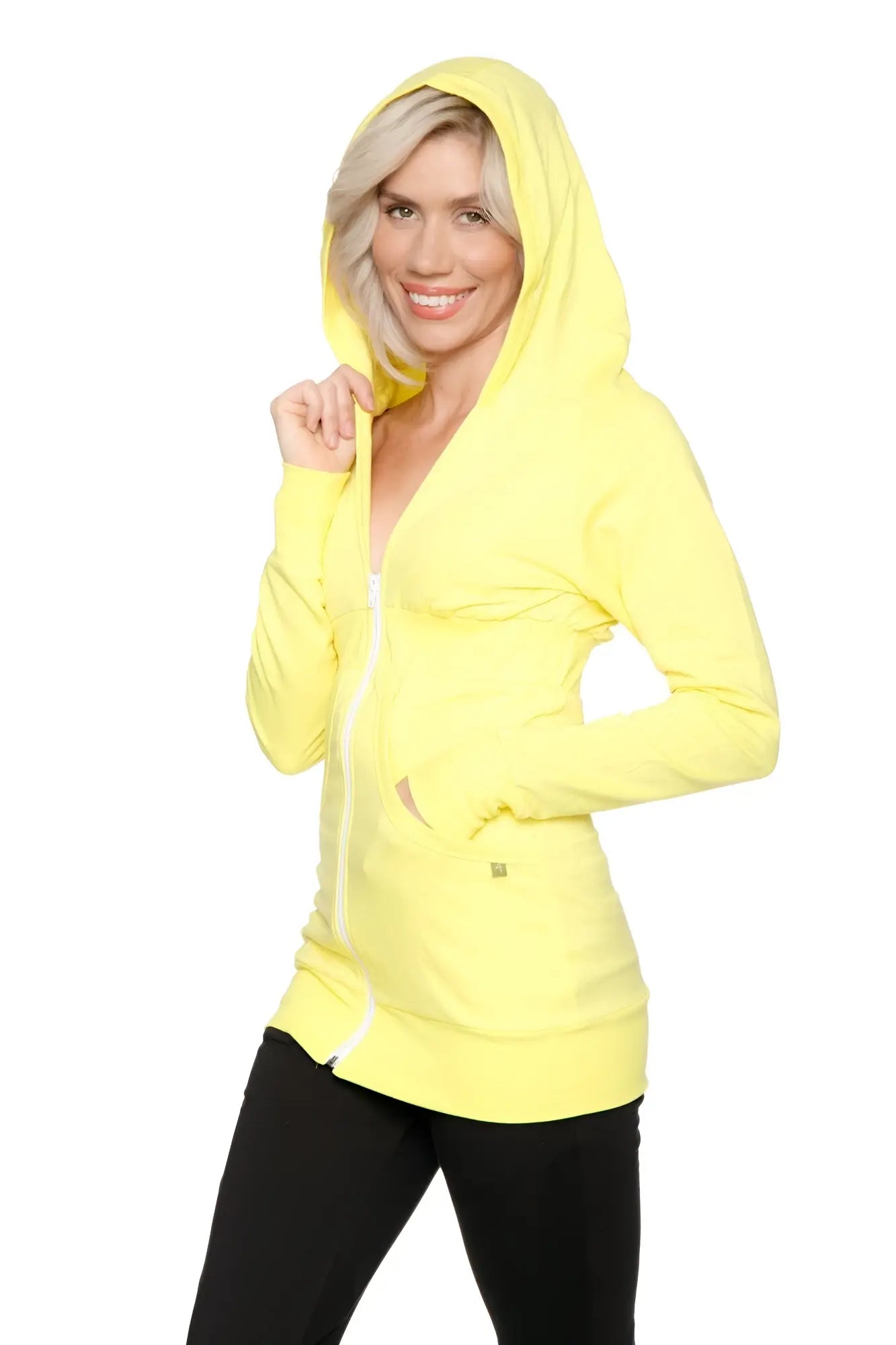 Bright yellow zip-up long body travel hoodie jacket with long sleeves and hood for comfortable layering
