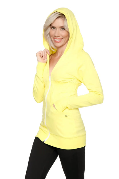Bright yellow zip-up long body travel hoodie jacket with long sleeves and hood for comfortable layering