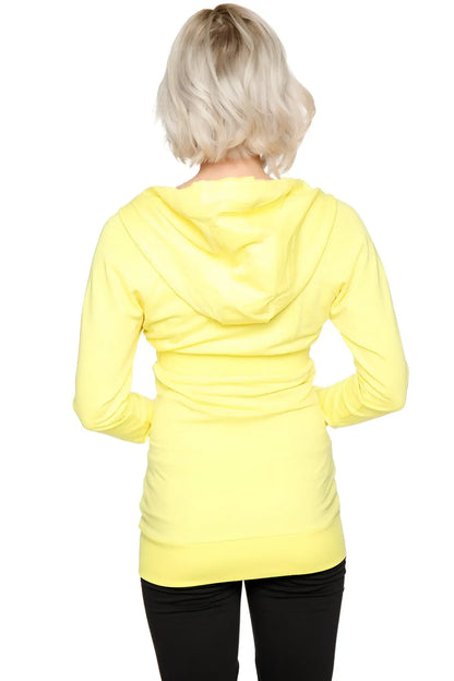 A vibrant yellow zip-up long body travel hoodie jacket with relaxed fit and drawstring hood in tropic yellow
