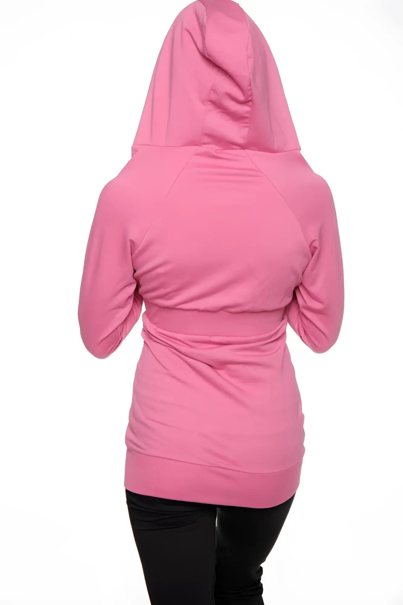 Pink hooded zip-up sweatshirt with cinched waistband and long sleeves travel-ready for berry pink styling