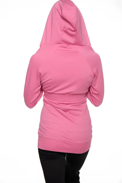 Pink hooded zip-up sweatshirt with cinched waistband and long sleeves travel-ready for berry pink styling