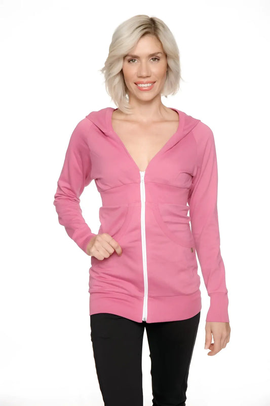 Pink zip-up long body travel-ready hoodie with white zipper and subtle side pockets in berry pink color