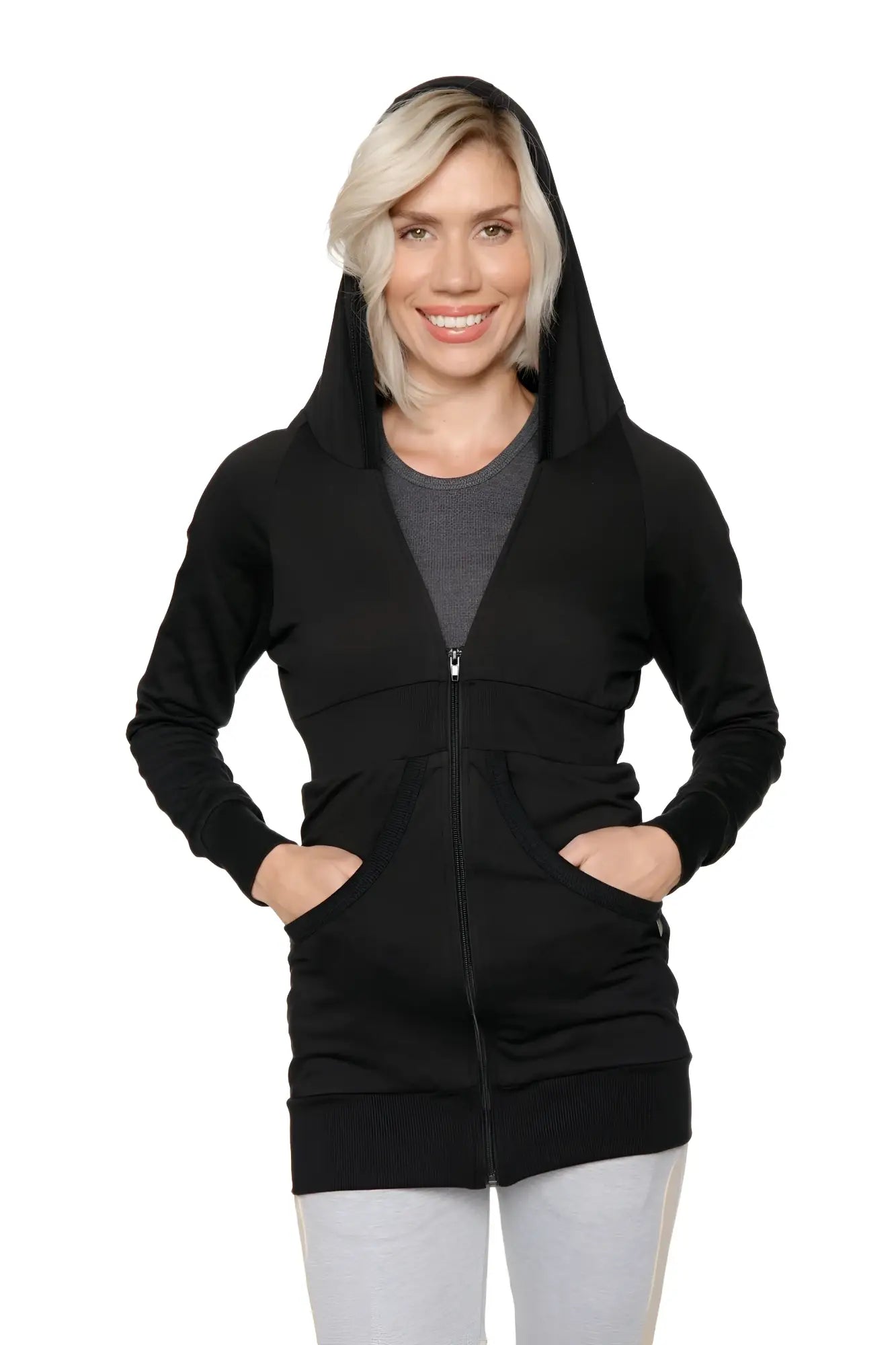 Black zip-up long body travel-ready hoodie with hood long sleeves and two front pockets for versatile wear