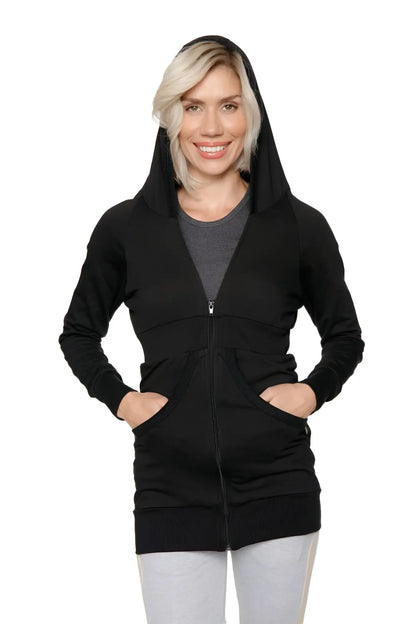 Black zip-up long body travel-ready hoodie with hood long sleeves and two front pockets for versatile wear