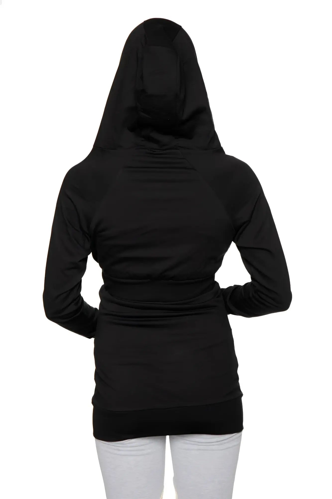 Black zip-up long body travel-ready hoodie with fitted silhouette ribbed cuffs and long sleeves