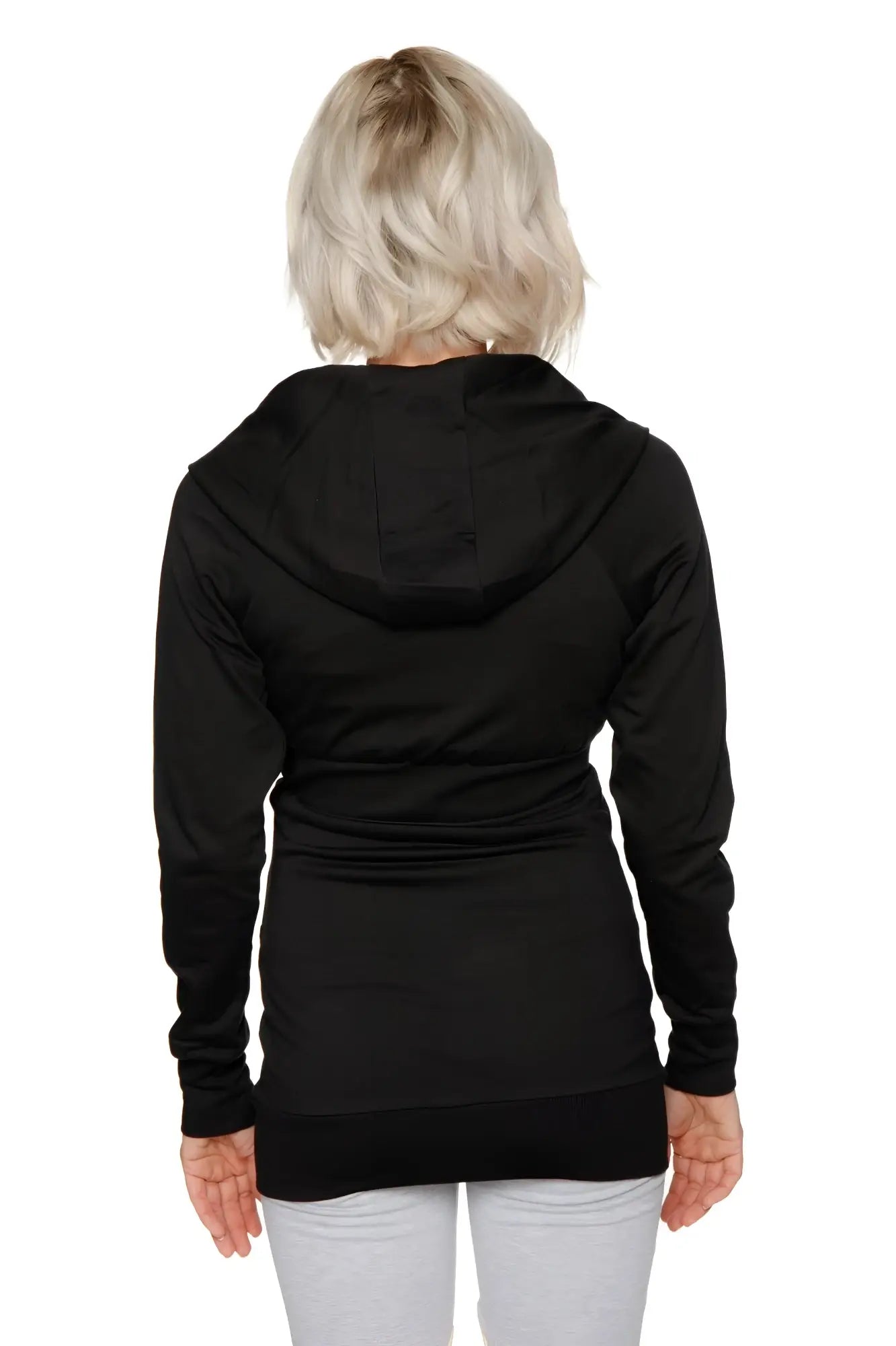 Black zip-up long body travel-ready hoodie with relaxed fit ribbed cuffs and long sleeves