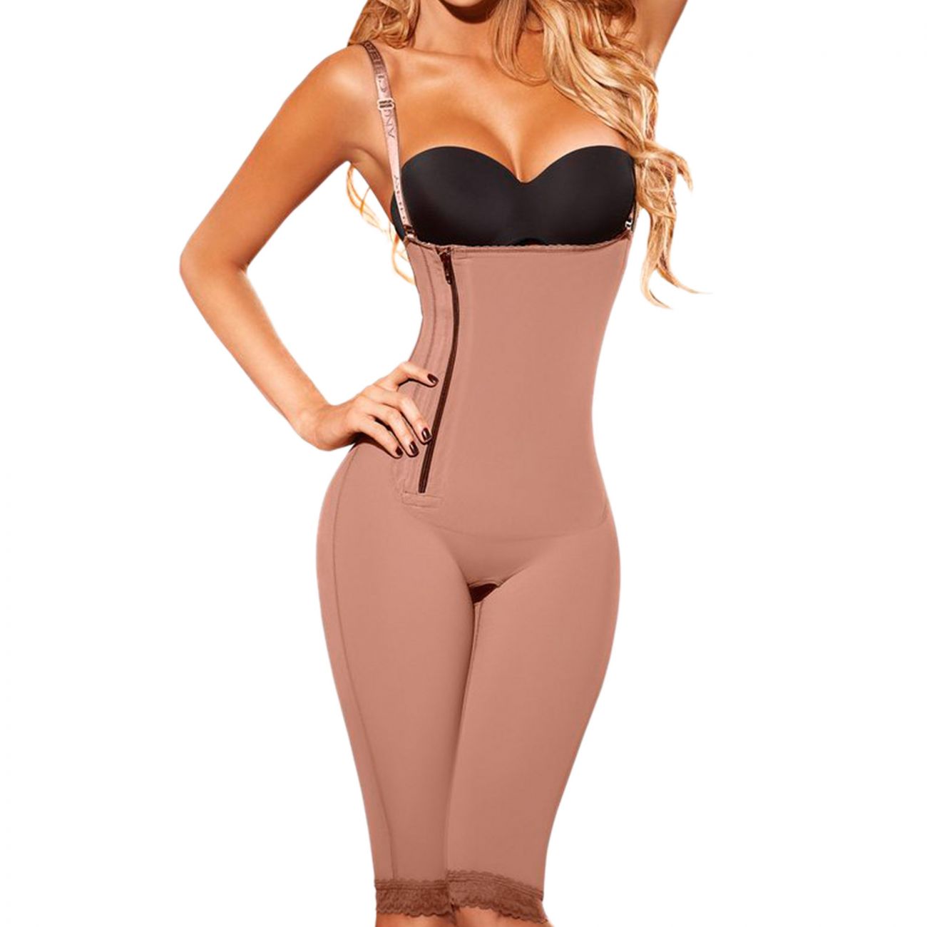 Ann chery 5141 powernet luna shapewear in brown with front zipper lace trim and tan form-fitting body shaper design