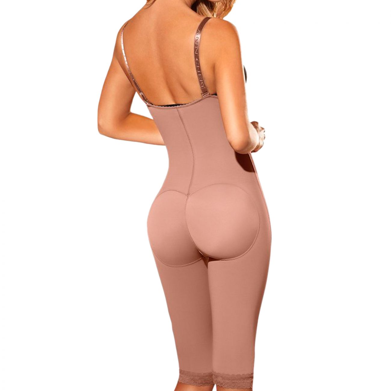 Taupe-colored ann chery 5141 powernet luna shapewear bodysuit with padded hips and thin straps in brown