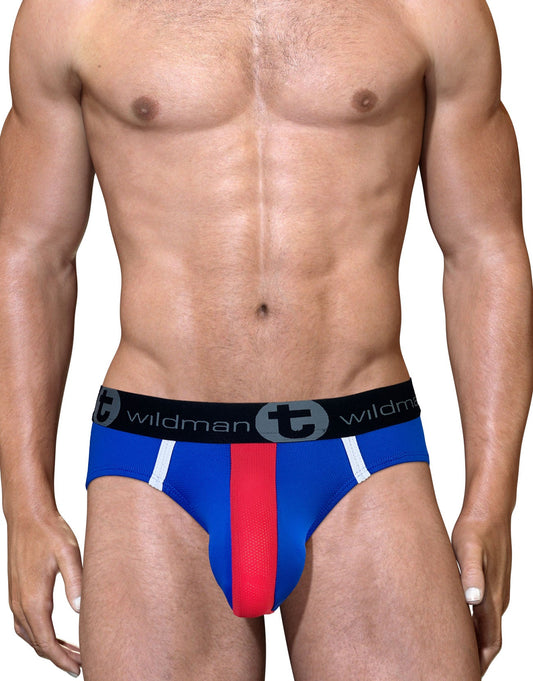 Big boy pouch mesh brief in royal red white and blue with black wildman waistband and white stripes