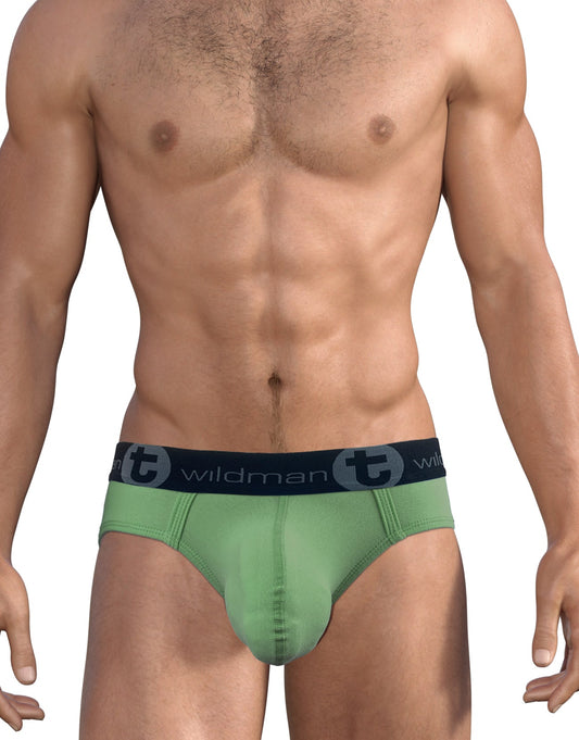 Big boy pouch brief green cotton briefs with black elastic waistband featuring wildman logo and circular t emblem