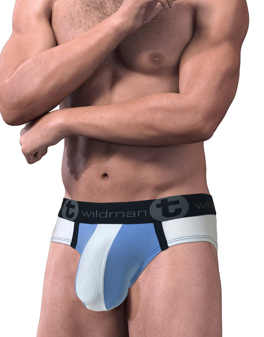 Big boy pouch brief in blue and white stripe with black wildman waistband designed for athletic support
