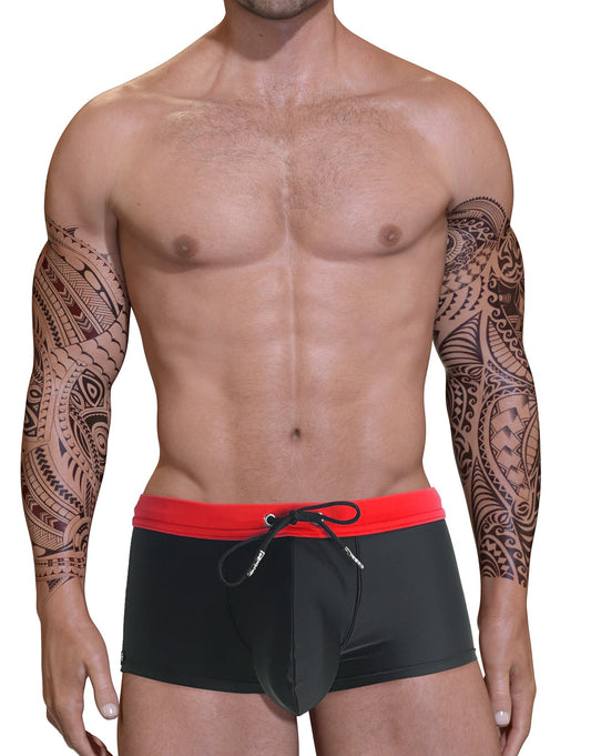 Big boy pouch swim square cut red black swim trunks with vibrant red waistband and adjustable drawstring