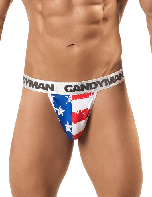 CandyMan 99154 patriotic thong with American flag print and white elastic waistband with black lettering multi-colored