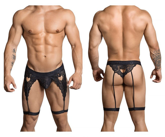 Black lace thong candyMan 99310 with heart-shaped cutouts and adjustable straps in black detail