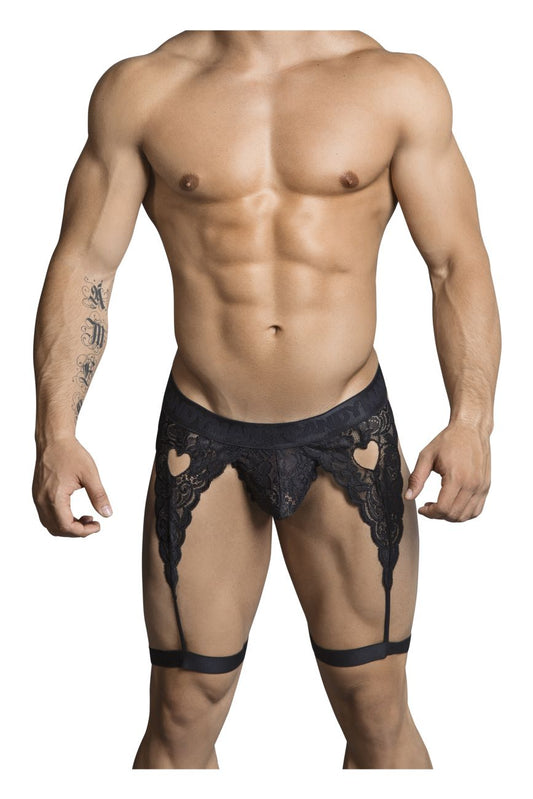 Black lace CandyMan 99310 men’s garter belt with heart-shaped cutouts and matching straps in black color