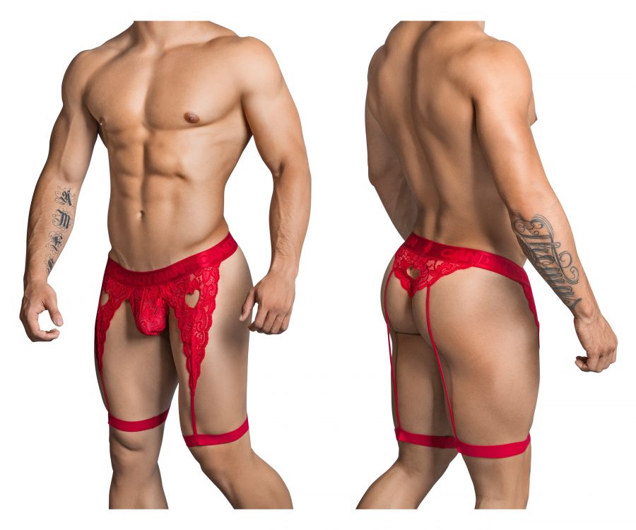 Red lace men’s lingerie thong with heart-shaped cutouts and suspenders from candyman color red