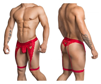 Red lace men’s lingerie thong with heart-shaped cutouts and suspenders from candyman color red