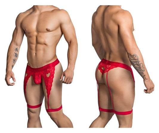 Red lace men’s lingerie thong with heart-shaped cutouts and suspenders from candyman color red