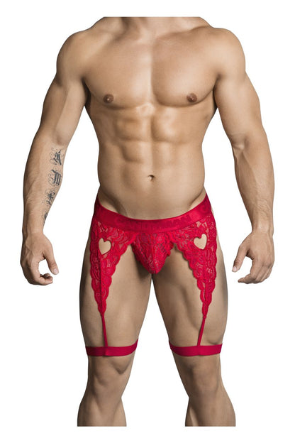 Red lace candy man 99310 men’s garter belt with heart-shaped cutouts and matching straps in red